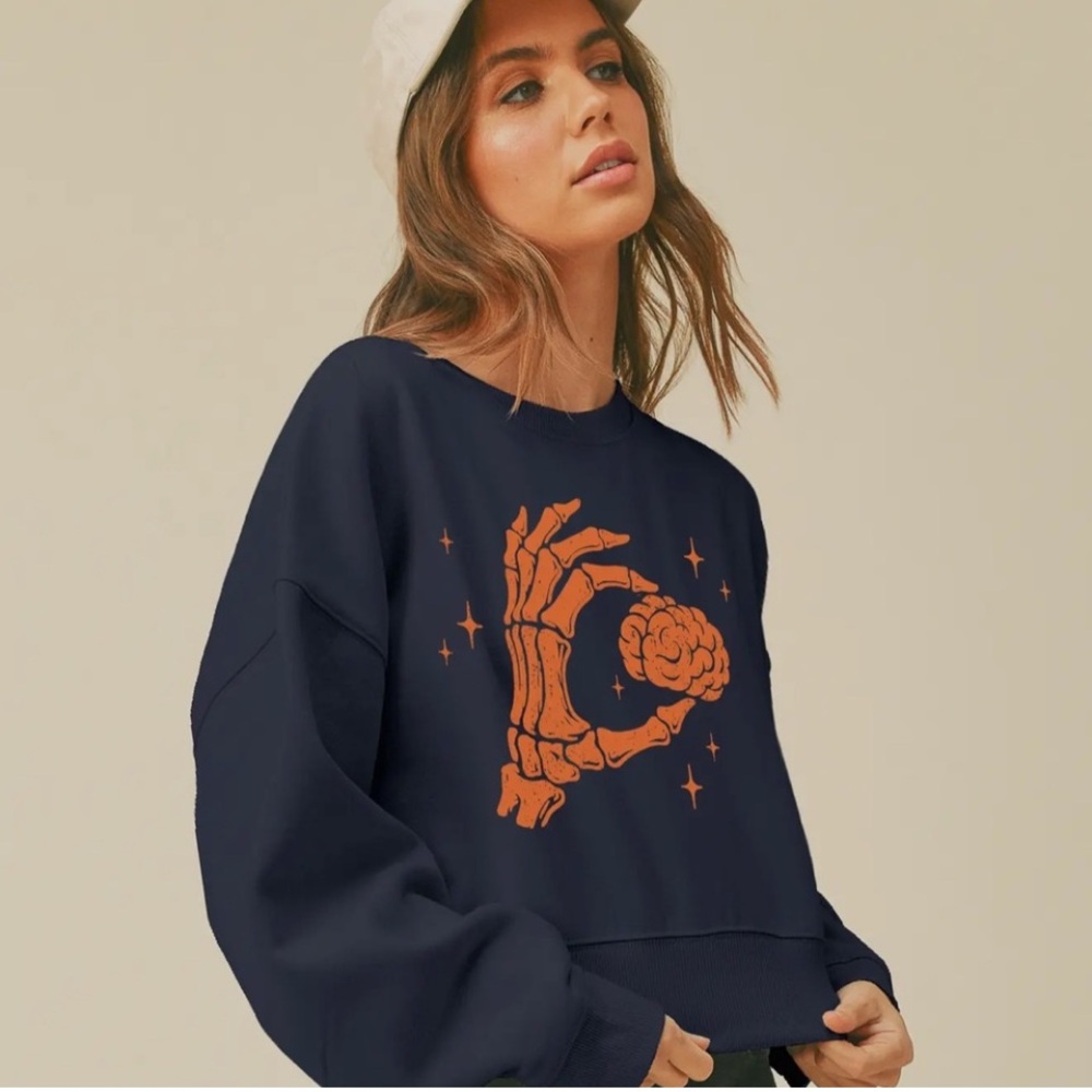 PROTREND Navy Blue Skeleton Hand Sweater